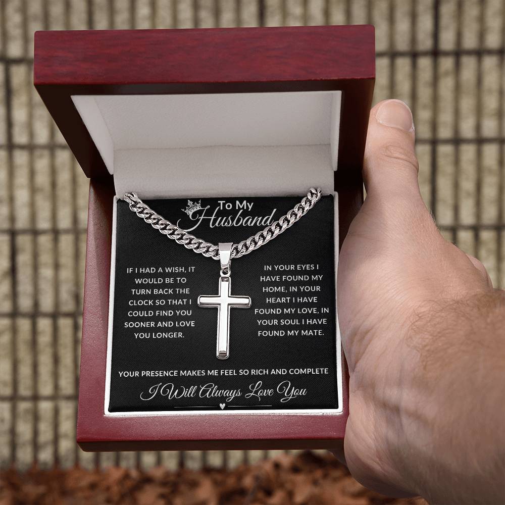 To My Husband - Cuban Chain with personalized Artisan Cross Necklace