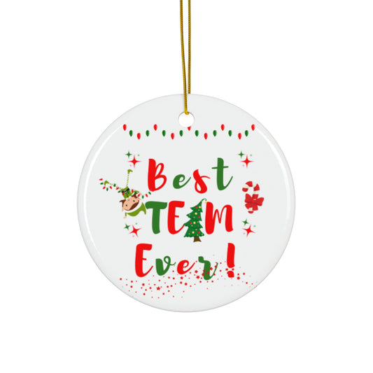 Ceramic Ornament - Best Team Ever Cute Colorful Elf and Stars - Holiday Decor