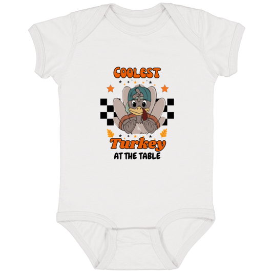 Coolest Turkey At The Table Shirt - Thanksgiving Toddler Tee - Boys Thanksgiving Kids Shirt - Adult, Youth, Toddler, Kids, & Baby Coolest Turkey at the table  Infant Fine Jersey Bodysuit