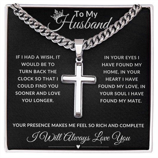 To My Husband - Cuban Chain with personalized Artisan Cross Necklace