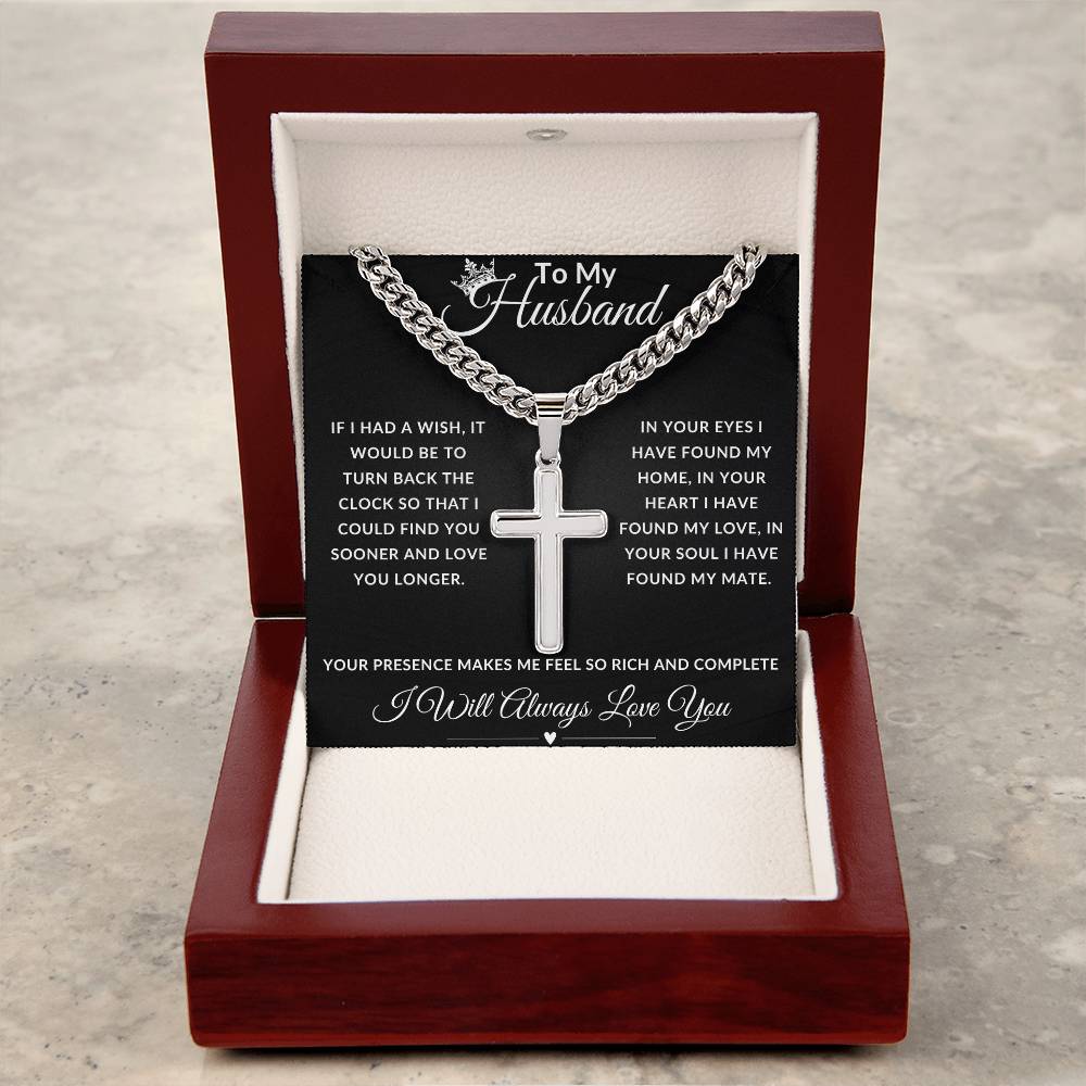 To My Husband - Cuban Chain with personalized Artisan Cross Necklace